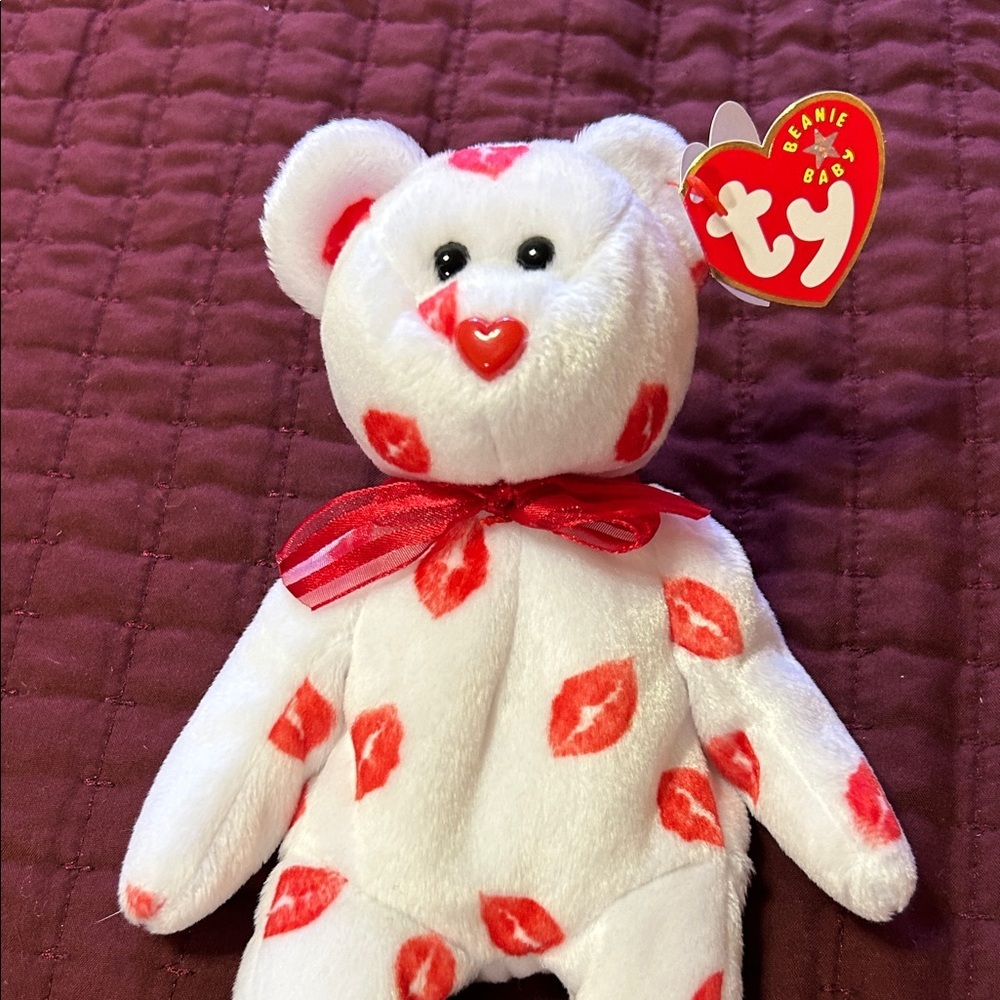 Ty White Plush Bear with Red Lips and Bow